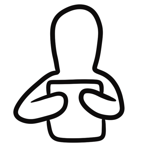 line art of head and shoulders shape with arms holding a square to chest.
